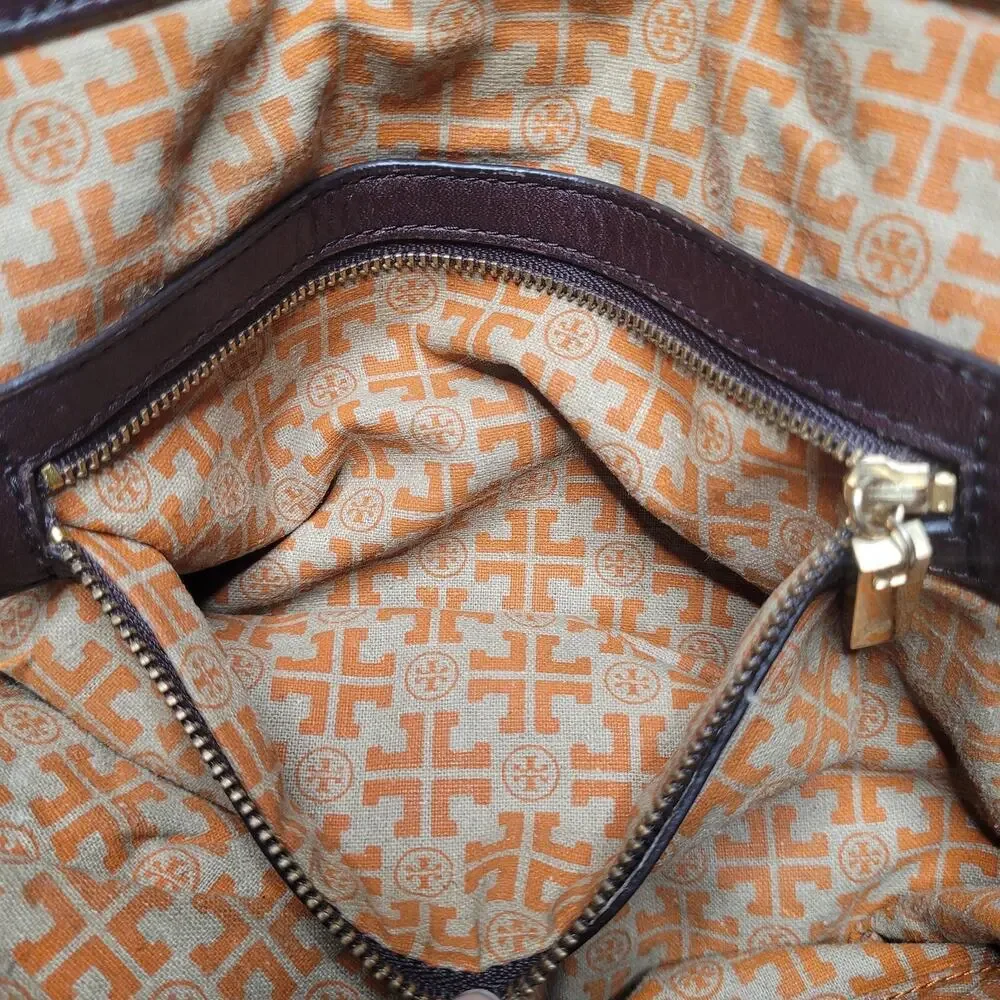 Tory Burch Tote Bag Large Brown Leather Pebbled Top Handle Logo Zip Purse